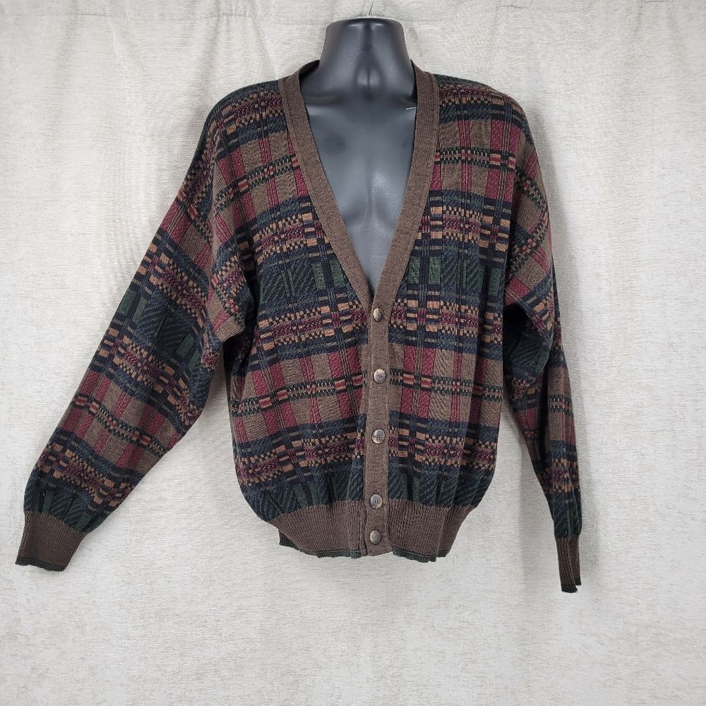 Murano Italian Wool Blend Men's Plaid Cardigan Sweater Brown and Green Academia